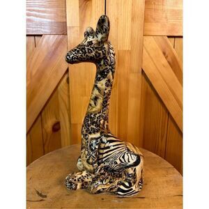 La Vie ceramic "mother" giraffe patchwork design safari animal prints 1980s 11"